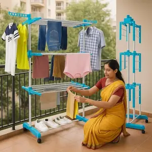 NEWE Stainless Steel 4 Tier Big Clothes Drying Stand/Foldable Laundry Rack/Cloth Dryer/Hanger for Clothing/Outdoor/Indoor/Office Balcony Space Saver for Home (Blue)