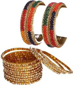 AFAST Combo Of Wedding & Party Colorful Glass Bangle/Kada, Pack Of 16, Multi,Golden
