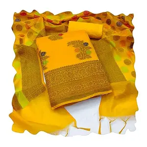 Kimisha Women's Mustard Banarasi Jacquard Woven Work Dress Material With Inner