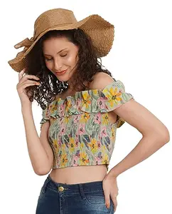 Amazon Brand - Anarva Jaipuri Cotton Off-Shoulder Sleveless Bobbin Top for Women (Floral Lounge)