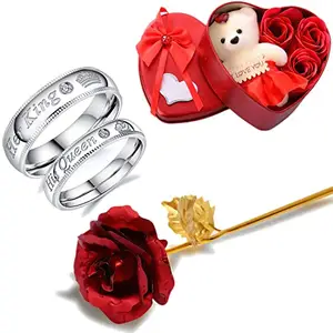 Fashion Frill Valentine Gift For Girlfriend Boyfriend Couple Ring For Women Men's 24K Gold Rose With Heart Box With Teddy Love Gifts His Her Rings