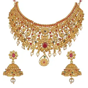 Shining Diva Fashion Latest Stylish Design Fancy Pearl Choker Traditional Temple Necklace Jewellery Set for Women (13868s) (Golden)