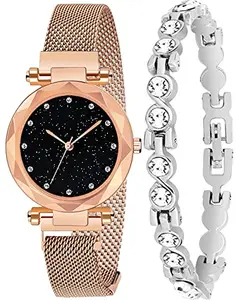 Acnos Stainless Steel Women Premium Brand-A Brand Analogue Watches With Bracelet For The Special Day&Wishes Rosegold Colors Round Diamond Dial Magnet Analogue Watches With Bracelet ,Rose Gold Band
