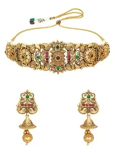 The Luxor Traditional Gold Plated Choker Set Studded with Multicolor Stones for Women, Girls – Stylish Fancy Golden Jewellery with Earrings (NK3452)