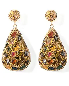 Gempro Gemstones Jewelry Genuine Multicolor Tourmaline and Sparkling Marcasite Drop Earrings for Women and Girls