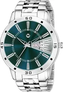 Wizard Times Men's Analog Wristwatch, Silver Stainless Steel Strap, Green Day & Date Dial, Water Resistant, Formal & Casual Wear (Silver-Green)