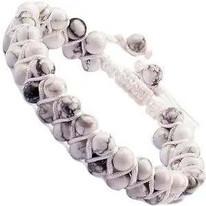 Lady Works Natural Howlite Threaded Double Layer Bracelet 6mm Round Smooth Beads Howlite Adjustable Thread Bracelet. Unisex Macrame Yoga Bracelet.|LW_TDBR_0110