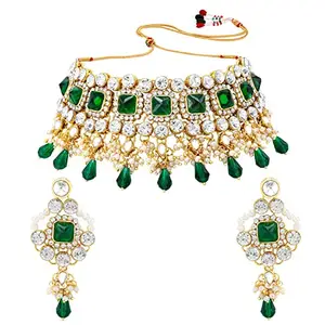 OOMPH Jewellery Green Stone & Kundan Heavy Ethnic Necklace Set with Drop Earrings for Women & Girls