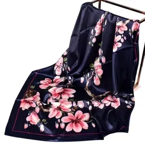 NK Textiles Women's Floral Blossom & Soft Lightweight Printed Luxury Pattern Casual Office Work Wear Satin Head Scarf - Neck Scarf (Square) (44"x44")