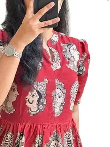 Women's Midi Dress, Red Floral Print, Puff Sleeves, A-Line Fit and Flare Style (in, Alpha, S, Plus, red)