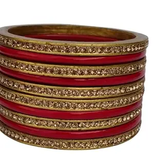 Omsheela Latest Stylish Jaipuri Lahriya Traditional Handemade Lac Bangles and Chudi Sets for Women and Girls (Gold&Red,Pack of 10) (2.6)