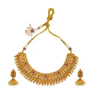 Kushal's Fashion Jewellery Ruby Gold Plated Ethnic Antique Necklace Set - 409886