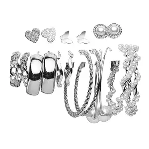 Vembley Combo Of 9 Pair Gold Plated Butterfly Heart Stud And Chain Pearl Hoop Earrings