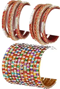 Somil Combo Of Party & Wedding Colorful Glass Bangle/Kada, Pack Of 18, Red,multi