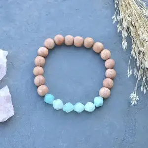 LKBEADS Natural Amazonite & Sandalwood 8mm Round & Fancy Shape Faceted & Smooth Cut Beads 65 inch Stretchable Bracelet for Men & Women|STBR_RR_00256_65