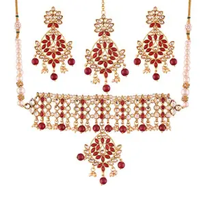 I Jewels 18K Gold Plated Traditional Kundan & Pearl Studded Choker Necklace Jewellery Set with Earrings & Maang Tikka For Women (K7061M)