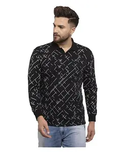 WILD WEST Mens Polo Neck Black Full Sleeve All Over Printed Tshirt for Men (GEE)
