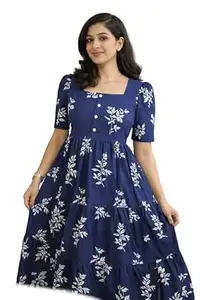 Women's Round Neck Floral Block Printed Elbow Sleeves Front Button Detailing Layered and Tiered Hem Kurti Gown