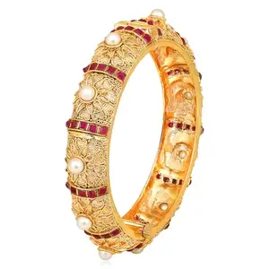Peora Gold Plated Synthetic Stone & Pearl Studded Single Piece Openable Kada Bangle Traditional Jewellery for Women (Size - 2.6 inch)