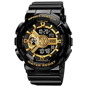 SKMEI Polyurethane Men Digital Sports Watch, Led Round Large Face Wrist Watch With Multi-Time Zone Waterproof Stopwatch - 1828, Black Dial, Black Band