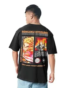 Darkbuck® Rengoku Kyojuro Anime Oversized T Shirt for Men and Women Drop Shoulder Loose Baggy Fit Unisex Pure Cotton T-Shirt (Large) Black