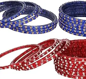 Somil Combo Of Party & Wedding Colorful Glass Bangle/Kada, Pack Of 24, Blue,Red