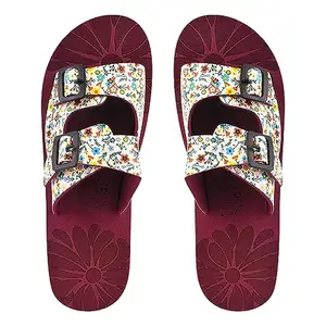 RASAMBH Floral Print Women's Flat Sandals, Adjustable Straps, Mom and Daughter Style (MAROON, 4)