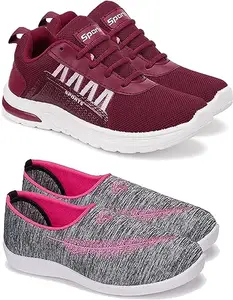 WORLD WEAR FOOTWEAR Soft Comfortable and Breathable Canvas Sports Running Shoes for Women (Maroon and Grey, 7) (S17348)