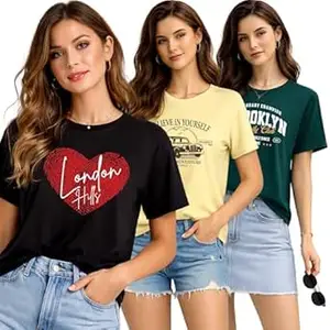 London Hills Women Cotton Printed T-Shirt Combo Pack of 3 | Loose Fit Half Sleeve Round Neck Graphic Tees for Girls & Ladies | Women’s Western Tops | Cute Trendy Print Summer Fashion T-Shirts