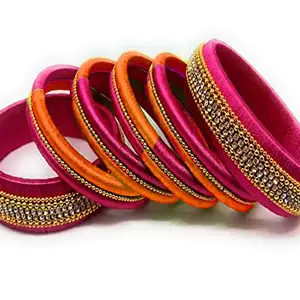 ANUSHA ENTERPRISES Handmade New Silk Thread Bangles with Pink Combination Bangles Set of 10 Bangles (Pink-Orange)