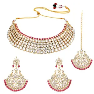 Peora Gold Plated Kundan Pearl Royal Rani Pink Choker Necklace with Chandbali Earring Maang Tikka Indian Traditional Wedding Jewellery Set for Women