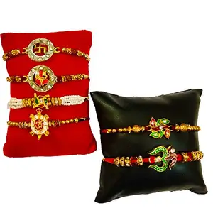 Avanti Creations Combo Of 6 Different Pattern Rakhi for Men with Roli Chawal Tilak - Om Ganesh Swastik Tortoise Goodluck Rudraksh Rakhi (29-C-W-X-Y-Z1)