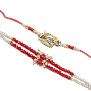 Handmade red Pearl Rakhi for Bhabhi with Dangler – Designer Bracelet Style Rakhi – Elegant Raksha Bandhan Gift for Bhabhi – by Ragini Creations
