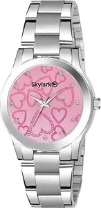 Women and Girls Stainless Steel Silver Metal Pink Dial Heart Share Printed Crystal Analog Watch for Girls