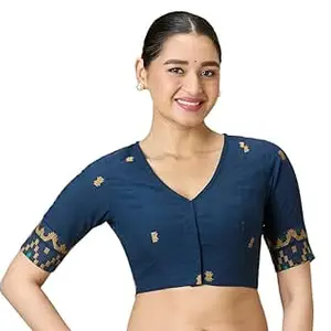 Studio Shringaar Women's Navy Blue Handloom Cotton Jamdani Border Readymade Saree Blouse