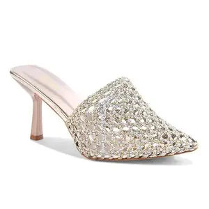 Padchin Women Gold Stiletto Mule Heel Sandal Stylish Slip-On Slim Heels for Party, Casual, Formal Wear