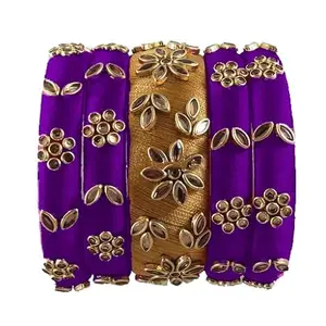 pratthipati's Silk Thread Bangles Stones Chuda Bangle Set (Gold-Purple) (Size-2/6)