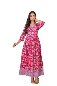 Women's Rayon Dress, Floral Print, V-Neck, 3/4 Sleeves, Ankle Length, Ethnic Style KJ4