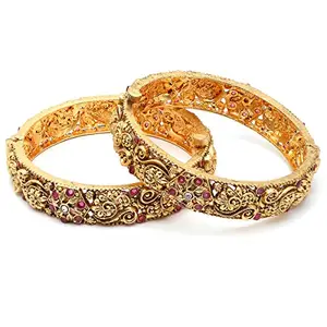 Karatcart Set of 2 Antique Gold Plated Red Stone Studded Rajwadi Temple Bangles for Women