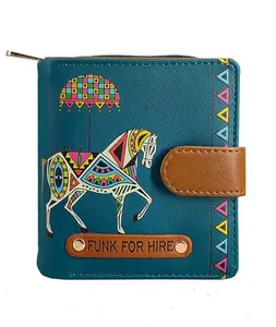 Funk For Hire Women’s Compact Wallet in Petrol Blue – Stylish Cartoon Print Leatherette Purse with Card Slots, Coin Pocket & Magnetic Closure – Handcrafted in India