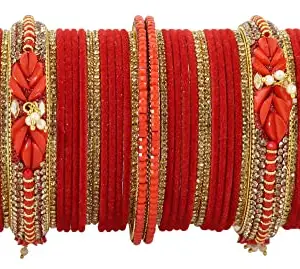NMII Metal With Zircon Gemstone and Beads Studded Velvet Bangles For Women and Girls, (F169-Red-2.4 Inches), Pack Of 54 Bangles Set