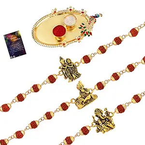 Rudraksh 3 Rakhi Combo Stylish For Bhai With Roli Chawal And Greeting Card 1 Kankawati Pooja Thali -344