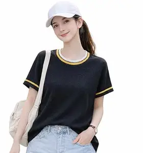 London Hills Women’s Waffle Texture T-Shirt | Loose Fit Casual Summer Top | Round Neck with Contrast Rib Collar & Sleeve Stripe | Soft Breathable Half Sleeve Tee