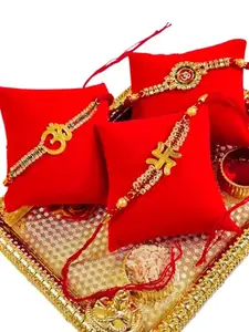 Traditional Decorative Rakhi Set with Om Symbol, Pearl and Crystal Embellishments, Red and Gold, Pack of 3