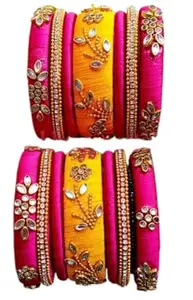 Silk Thread Bangles New kundan Style/Bridal Wedding Bangle Set for Women/Girls (Pink & Yellow, 2-4)