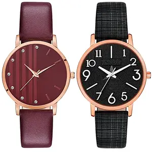 CLOUDWOOD Analog Ladies Wrist Watches Combo Set of Watch for Women Girls (Maroon & Black Colored Dial and Strap) -MT324-346