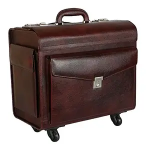Reo Leather Leather Travel Tourister Bag for | Unisex 37 liters | | Four Wheel Trolley | | Laptop Compartment & Sleeve | | Luggage Pilot Trolley Bag | (Brown)