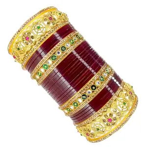 Maroon Rajasthani one-handed plastic & brass bangle chuda set for women and girls (2.2)