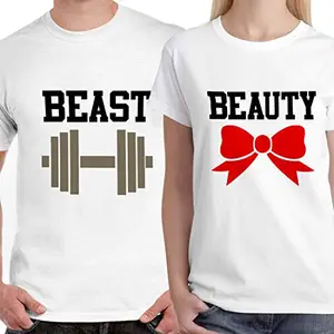 DreamBag Limit Fashion Store - Beast and Beauty Unisex Couple T-Shirts (Men-XXL/Women-L) White