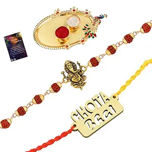 Rakhi Rudraksh Rakhi,With Exclusive Bhaiya Rakhi " CHOTA BHAI" With Roli Chawal And Greeting Card 1 Kankawati Pooja Thali -158